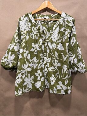 Relaxed Olive Green Floral Button-Front Blouse
